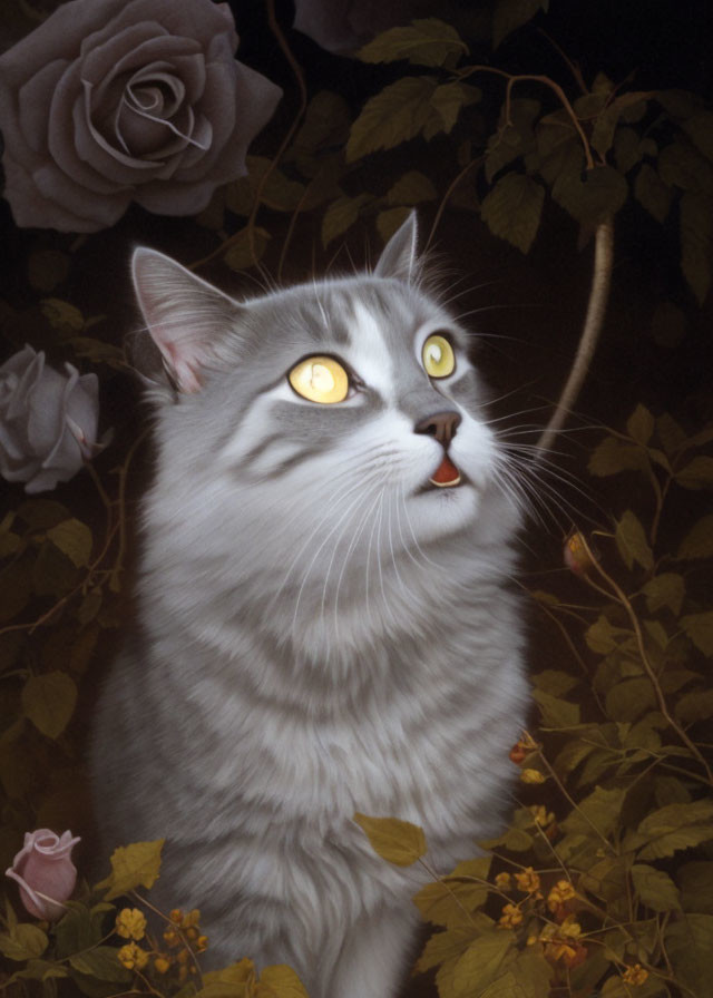 Gray cat with yellow eyes in floral setting