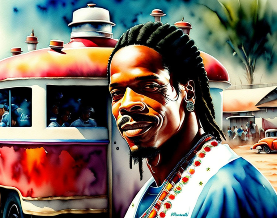 Colorful painting of man with dreadlocks in vibrant setting with vintage bus and lively street scene