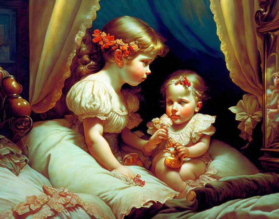 Children sharing a tender moment on a flower-adorned bed with fruit offer