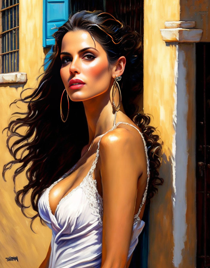 Woman in white dress with dark hair, hoop earrings, against warm wall