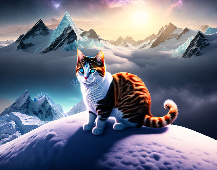 Blue-eyed cat perched on snowy ridge amid mountain peaks at twilight