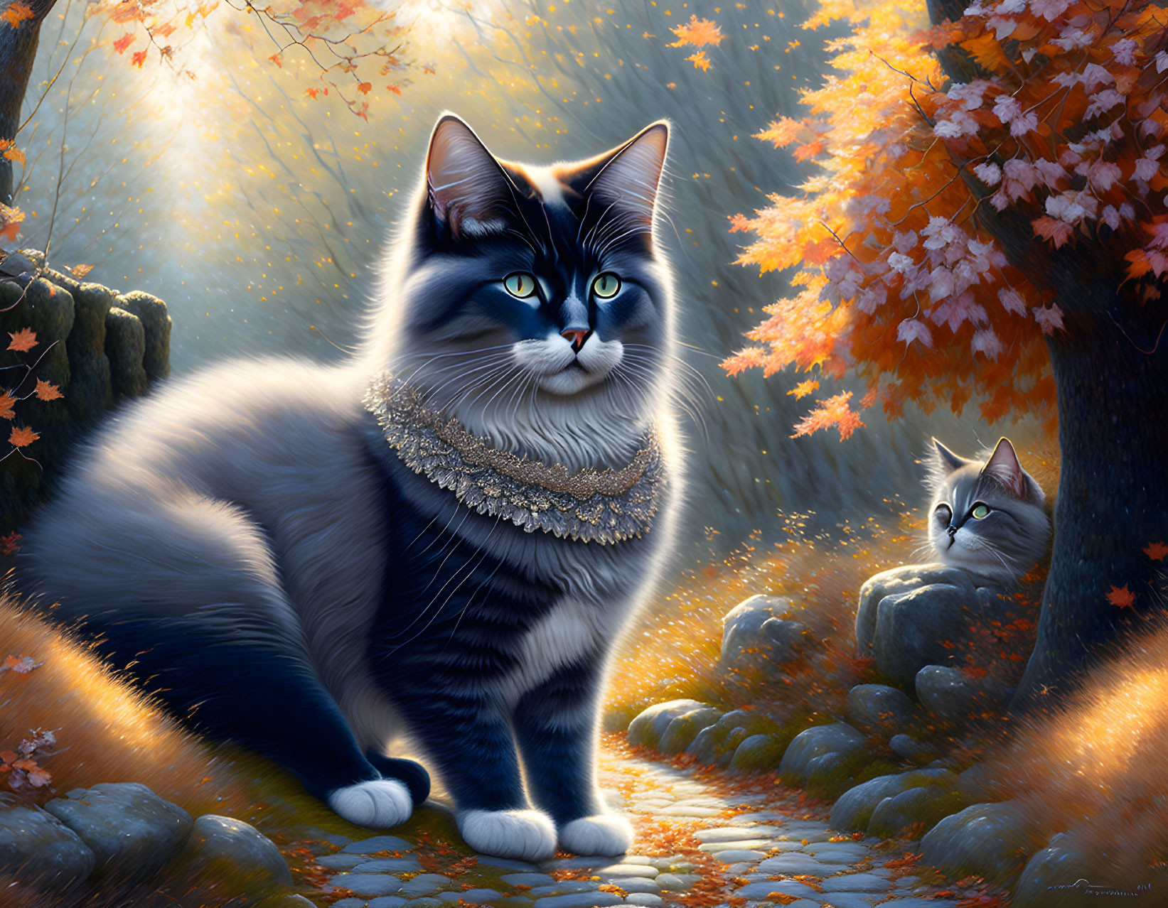 Fluffy black and white cat with scarf on stone path amid fall foliage, smaller cat nearby