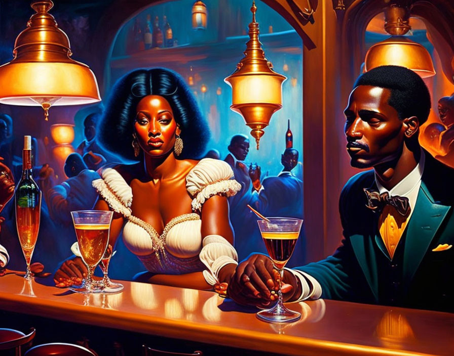 Elegant couple at bar in vintage setting with drinks