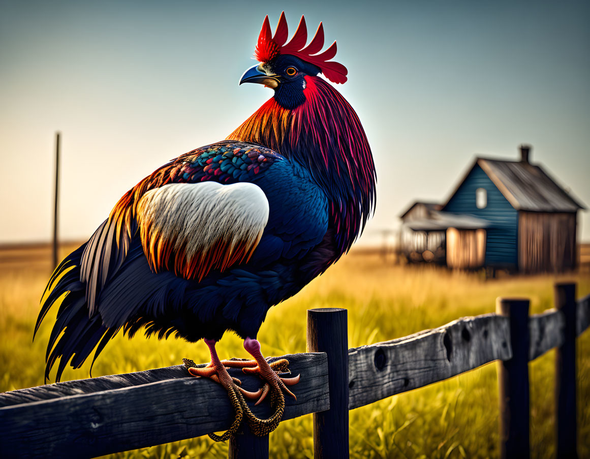 Colorful rooster on wooden fence with rustic houses and golden hour sky