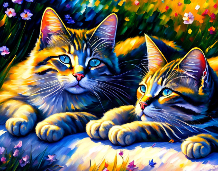 Colorful Cats with Blue Eyes Resting in Vibrant Floral Setting