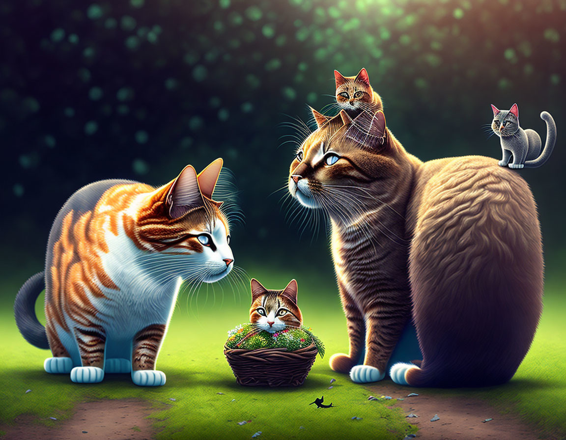 Illustrated Cats with Oversized Eyes in Mystical Forest