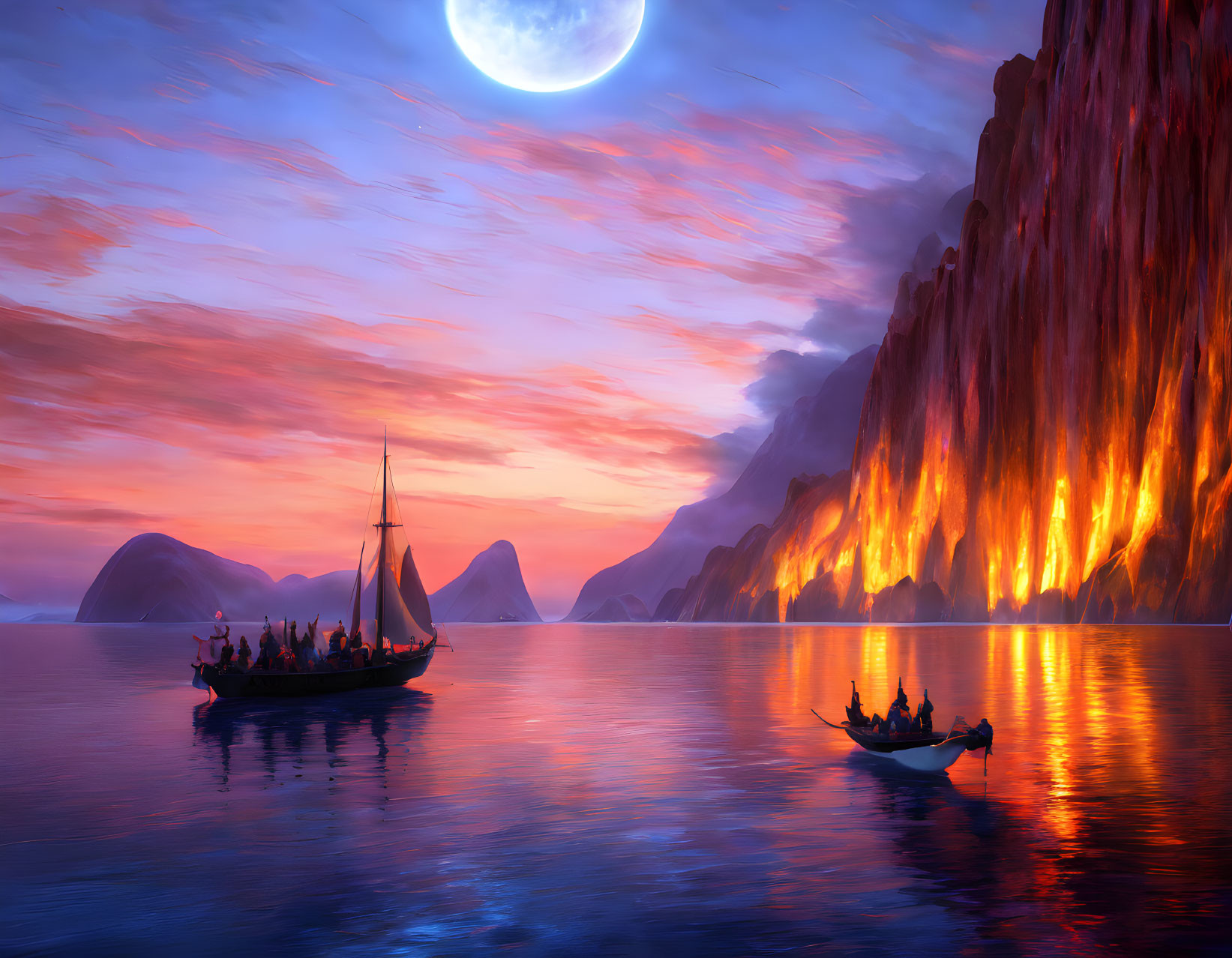 Moonlit sky over glowing sea with boats and fiery waterfall