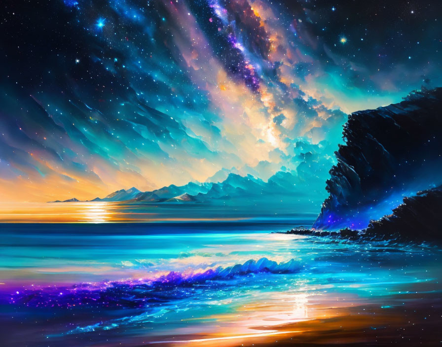 Colorful digital artwork of starry sky over beach with cosmic backdrop.