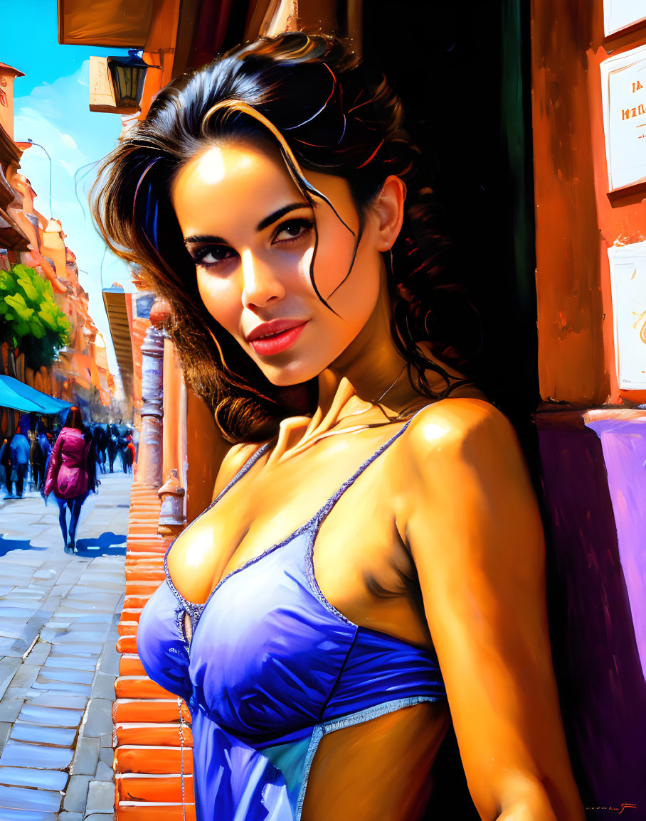 Digital painting: Woman in blue dress on vibrant street