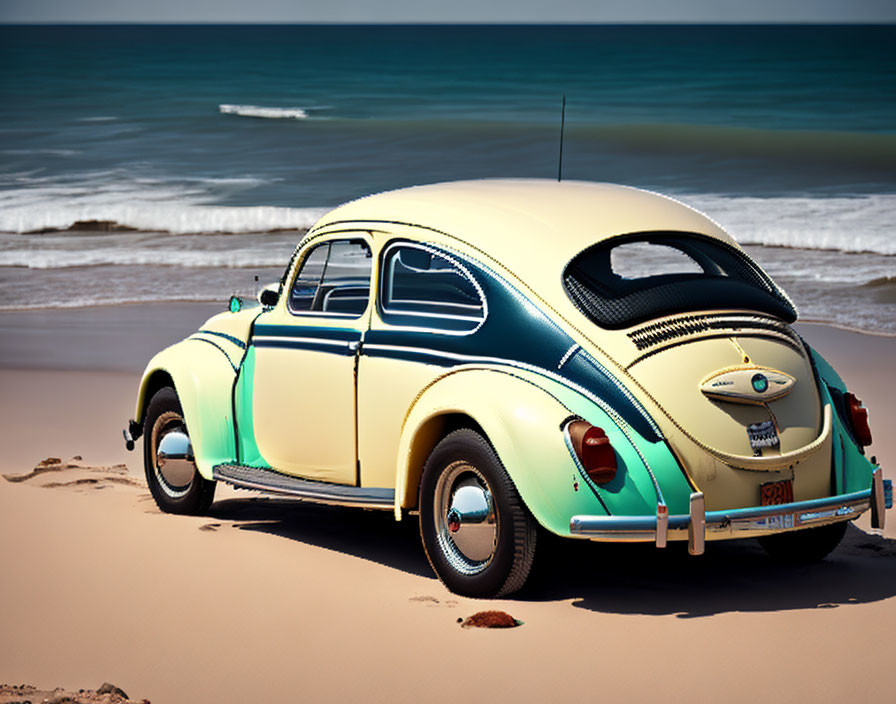 Classic Two-Tone Volkswagen Beetle on Sandy Beach