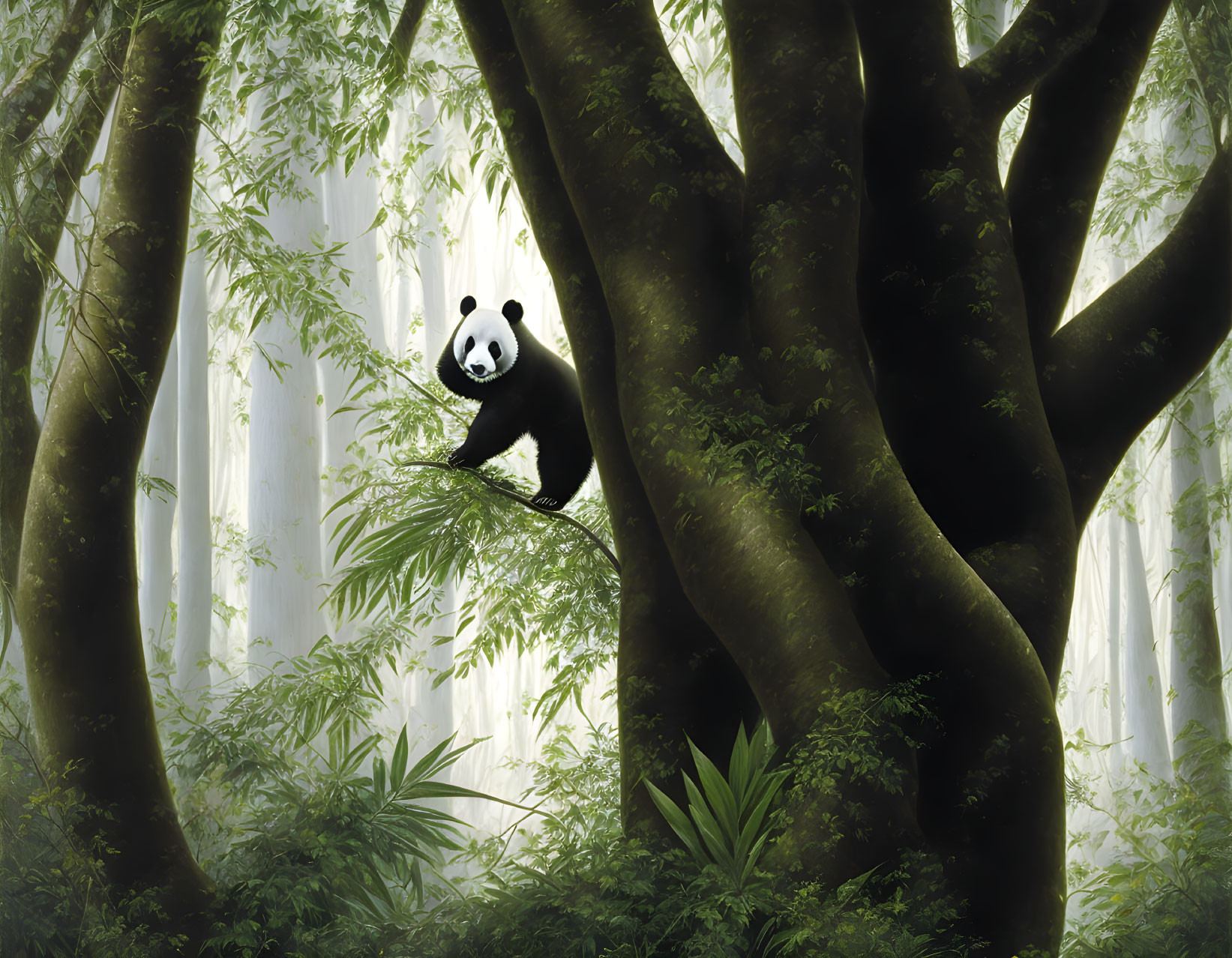 Panda resting on branch in misty forest