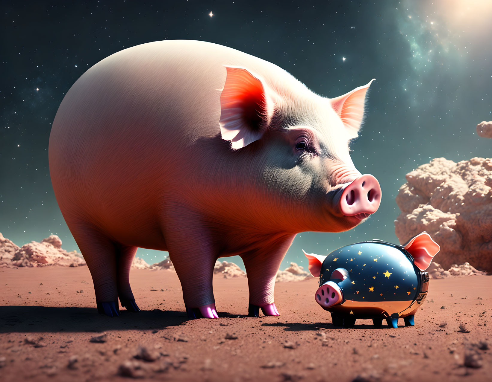 Large Piggy Bank on Rocky Celestial Body with Starry Sky