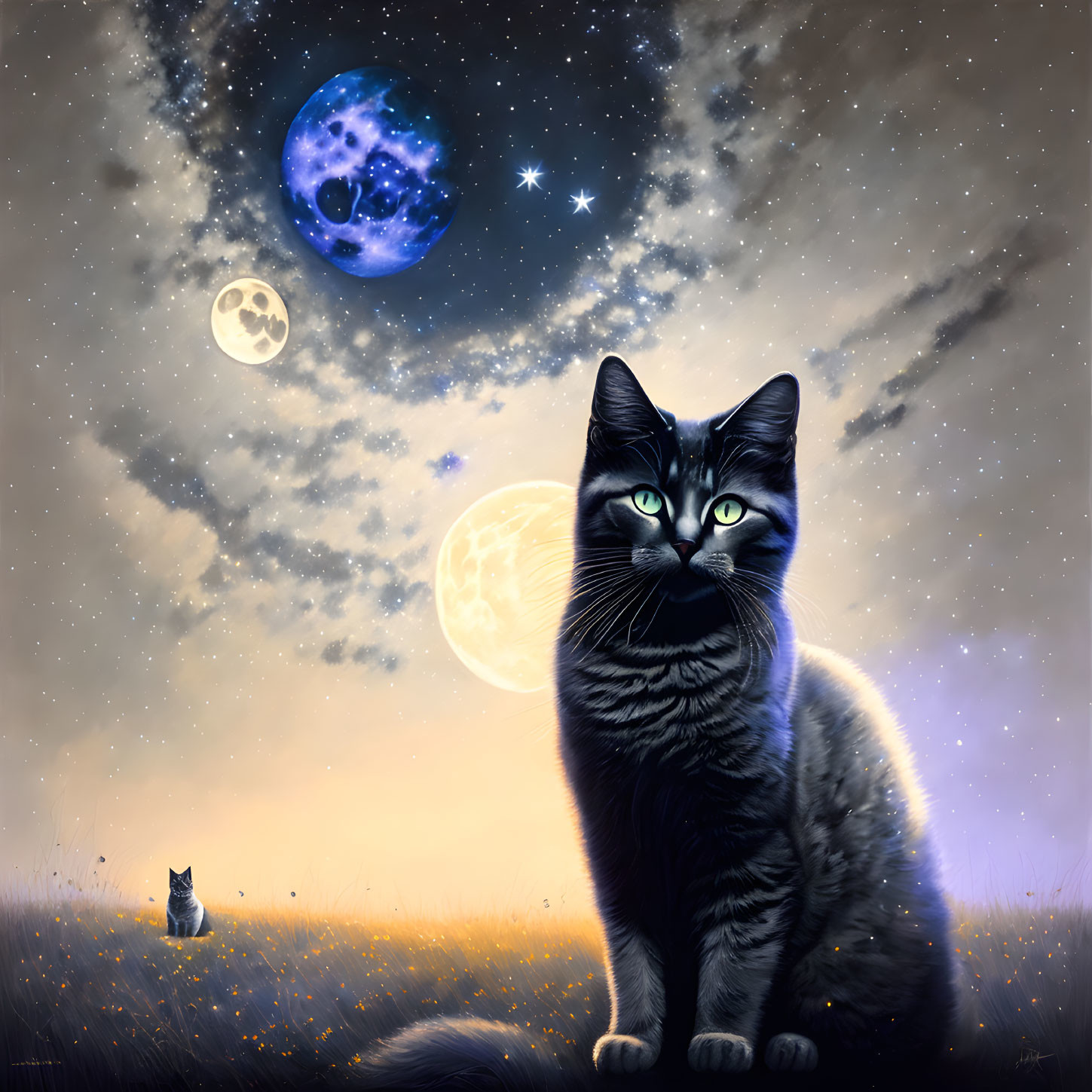 Black cat with green eyes in surreal sky with multiple moons and stars.