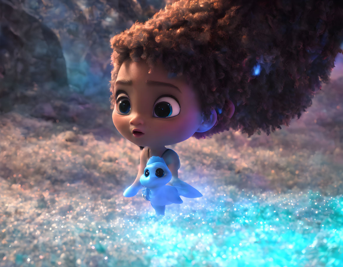 Curious animated girl with large eyes and curly hair gazes at cute blue creature in fantastical landscape