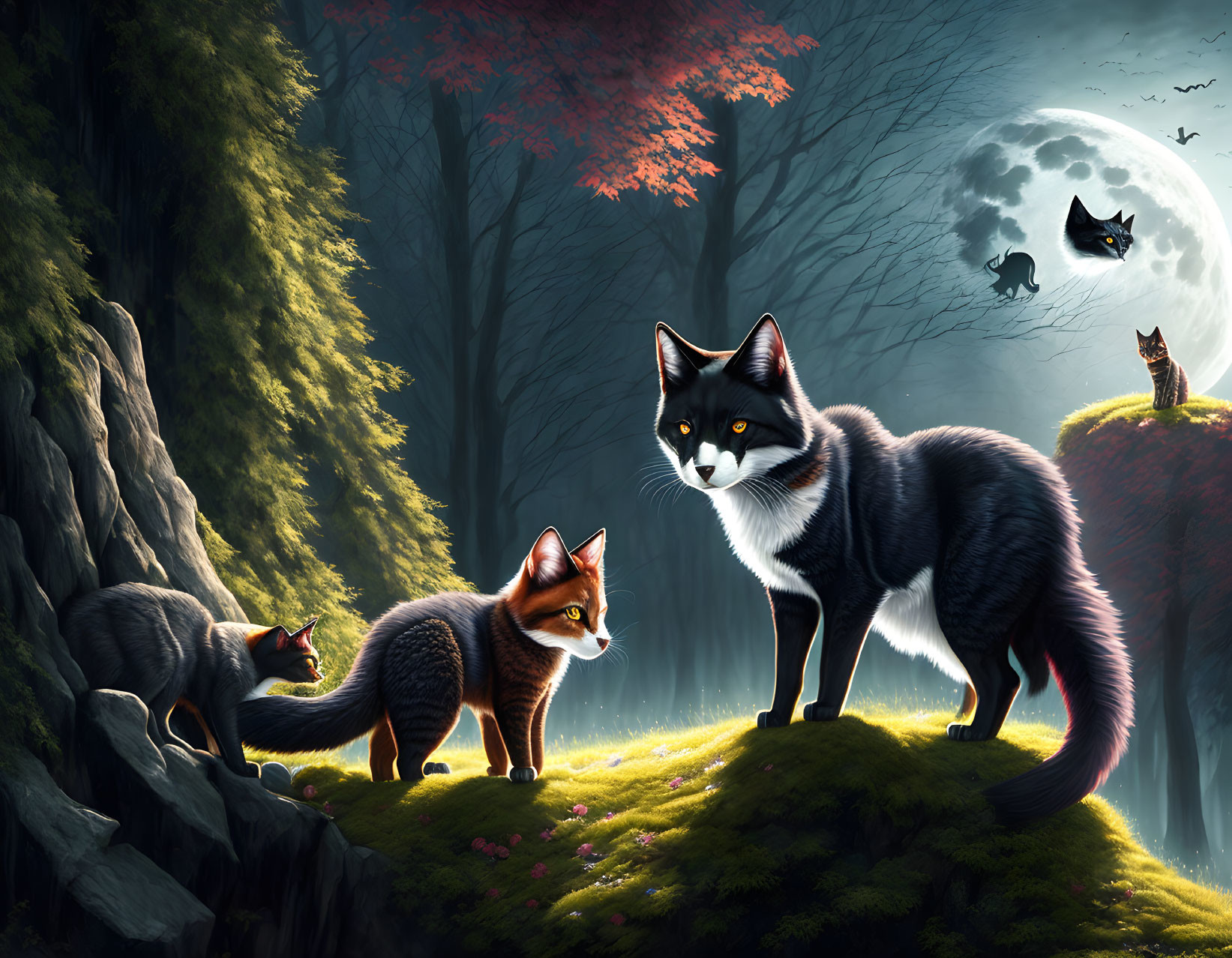 Stylized cats in mystical forest with full moon and bats