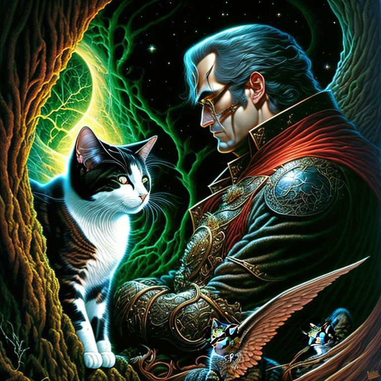 Stylized artwork of man with slicked-back hair and cat