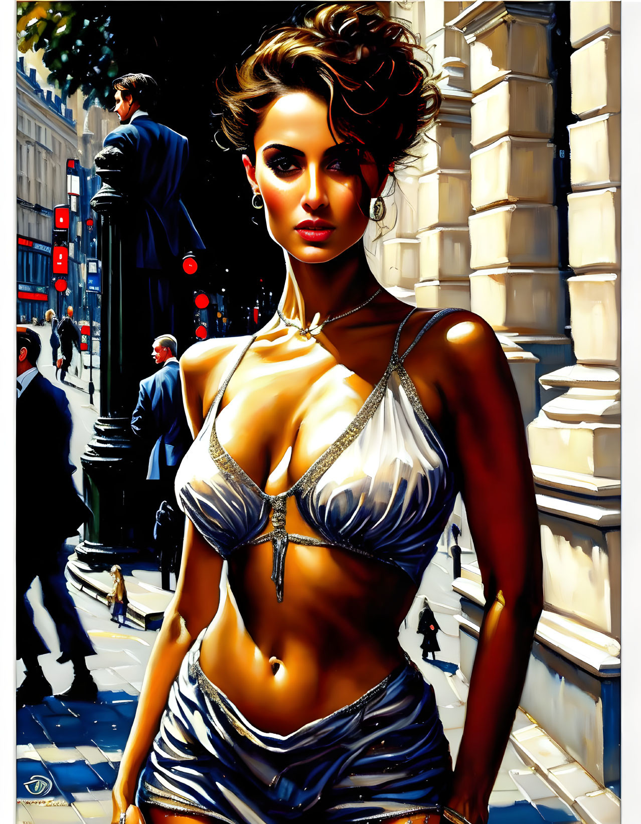 Illustration of woman in silver outfit on urban street with bright sunlight.