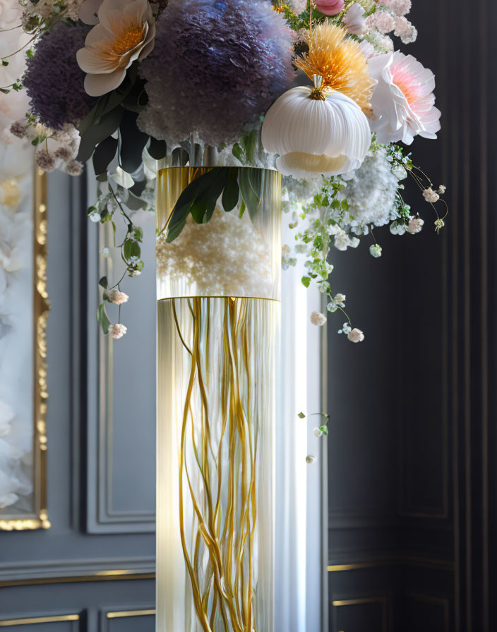 Floral arrangement on cylindrical vase with intertwining stem design