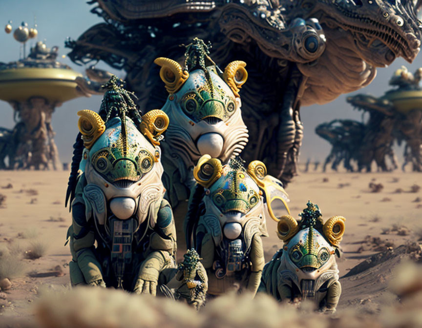 Intricately designed alien creatures in desert with hovering spaceship