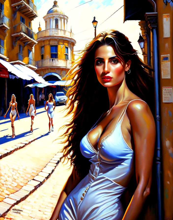 Digital painting: Woman in white dress on vibrant street with historic buildings.