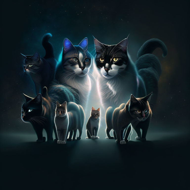 Majestic cats with glowing eyes in mystical setting