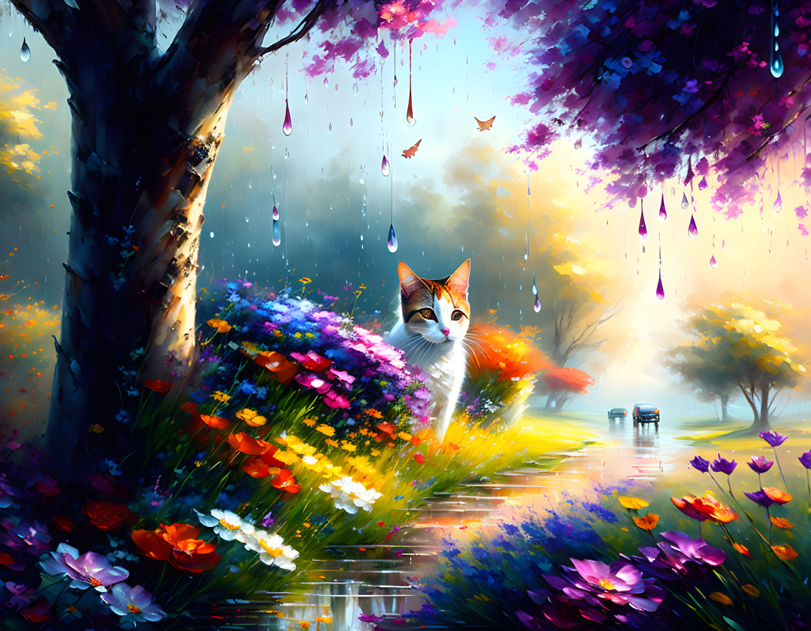 Vibrant digital artwork: Cat in flower garden with rainbow raindrops