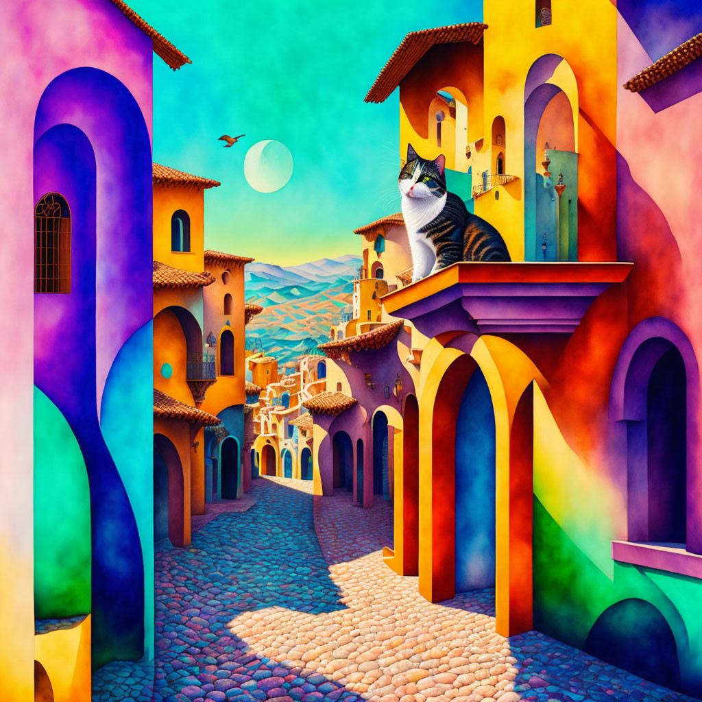 Colorful Artwork: Cat on Balcony Overlooking Sunny Town