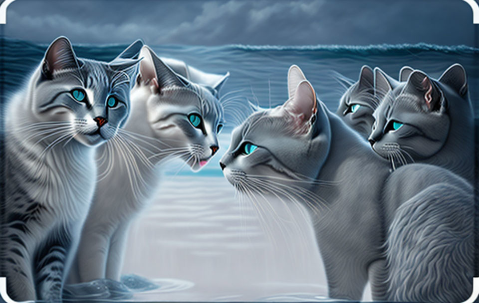 Illustrated grey cats with blue eyes at the seashore under dramatic sky