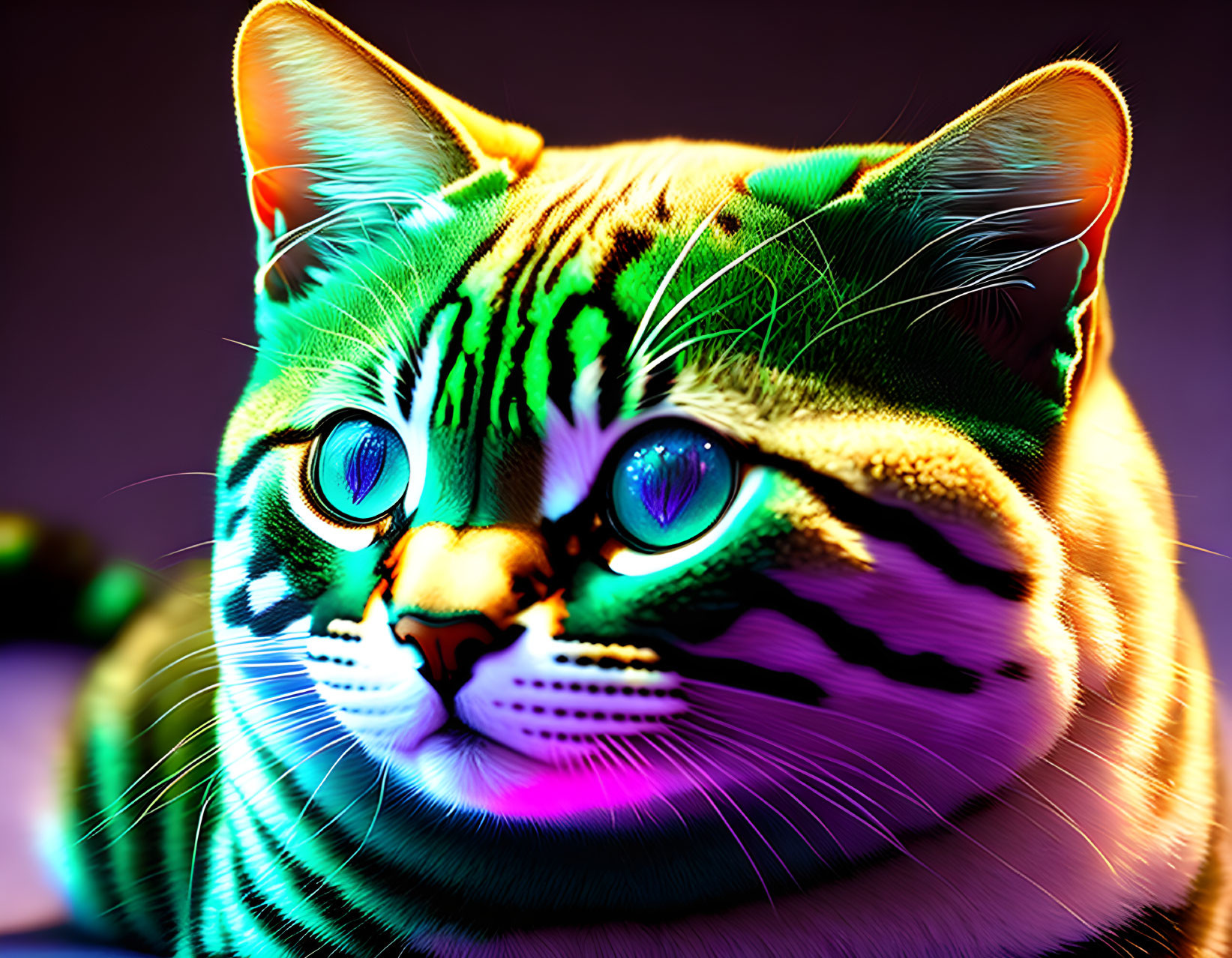 Colorful digital artwork: Neon-striped cat with bright blue eyes on dark background