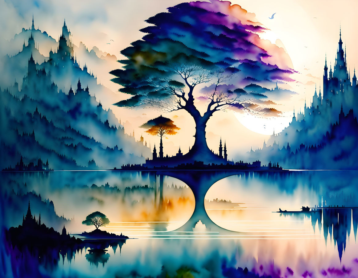 Colorful fantasy landscape with tree silhouette, floating islands, and misty mountains