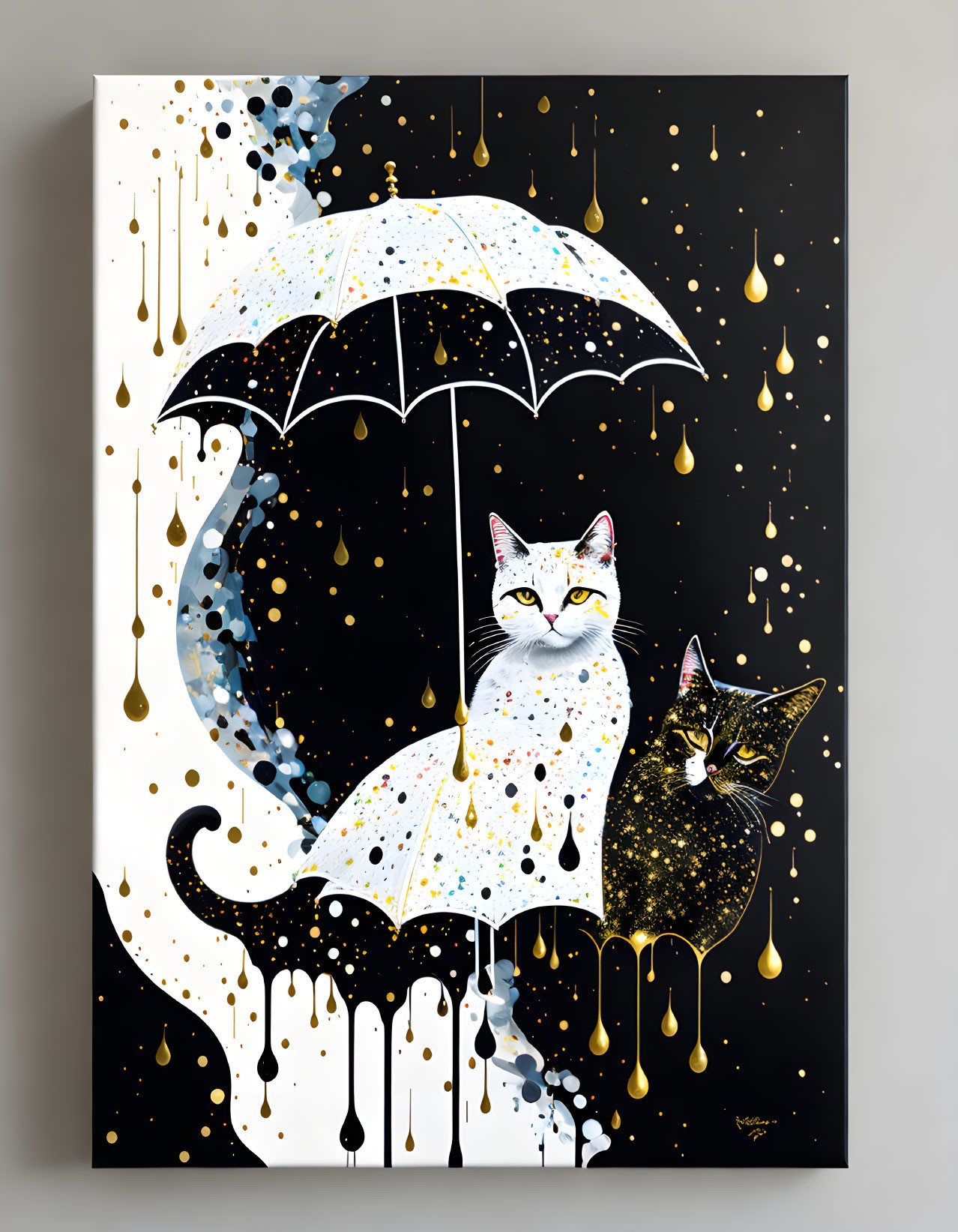 Two cats under umbrella with gold and blue raindrops on black background