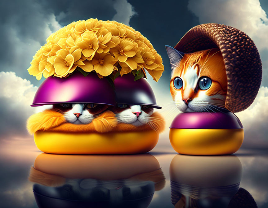 Three digital art cats with oversized flower and fruit hats.