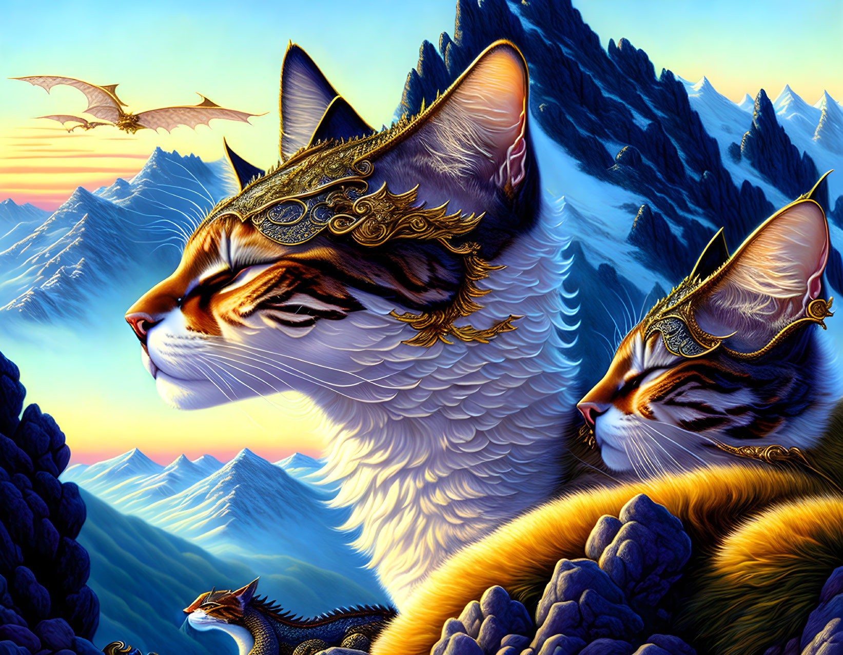 Majestic cats with ornate headpieces against fantastical backdrop