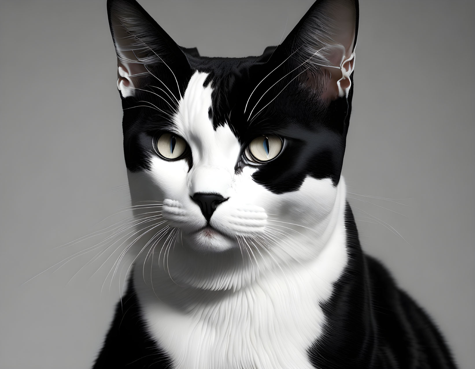 Black and White Cat with Yellow Eyes on Grey Background