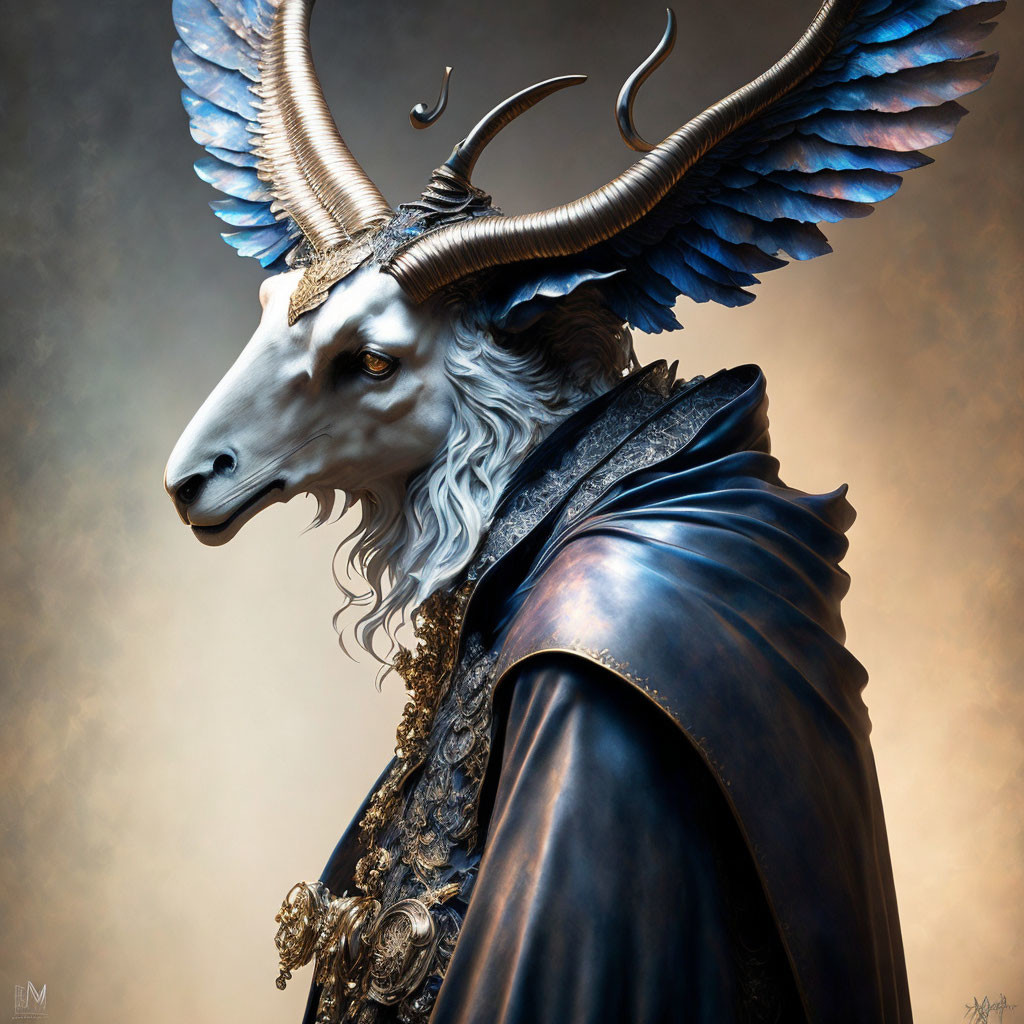 Fantasy portrait of humanoid figure with goat's head and ornate attire against cloudy backdrop