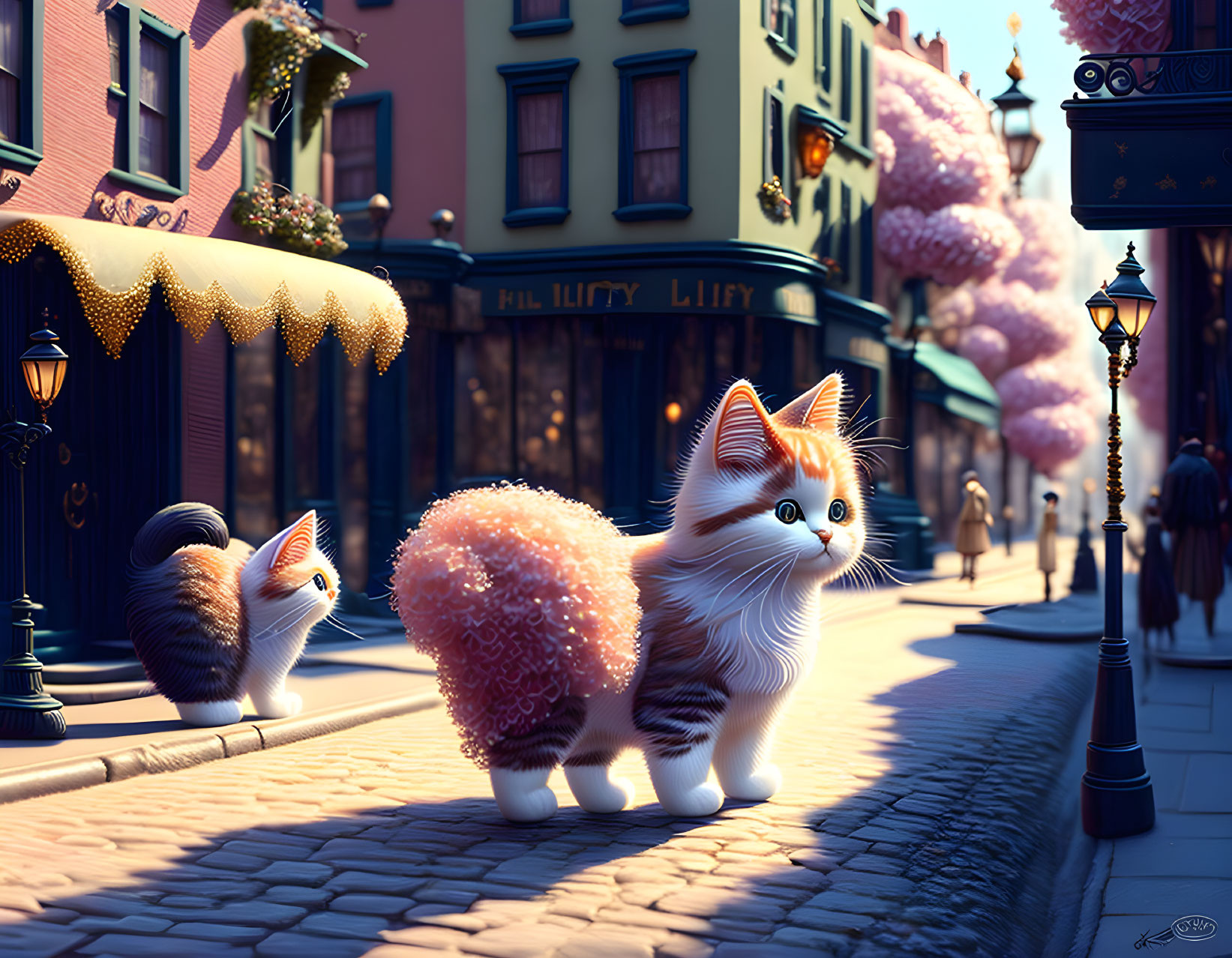 Fluffy Cats with Oversized Tails on Cobblestone Street