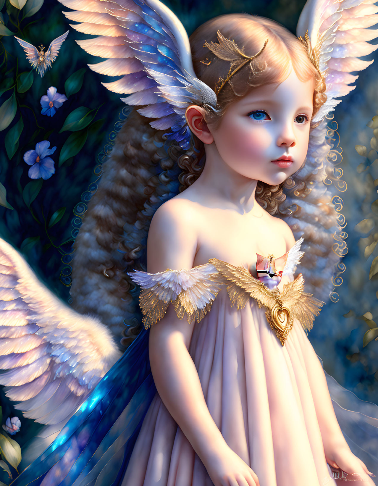 Young angelic figure with golden wings in mystical setting surrounded by butterflies and blue flowers