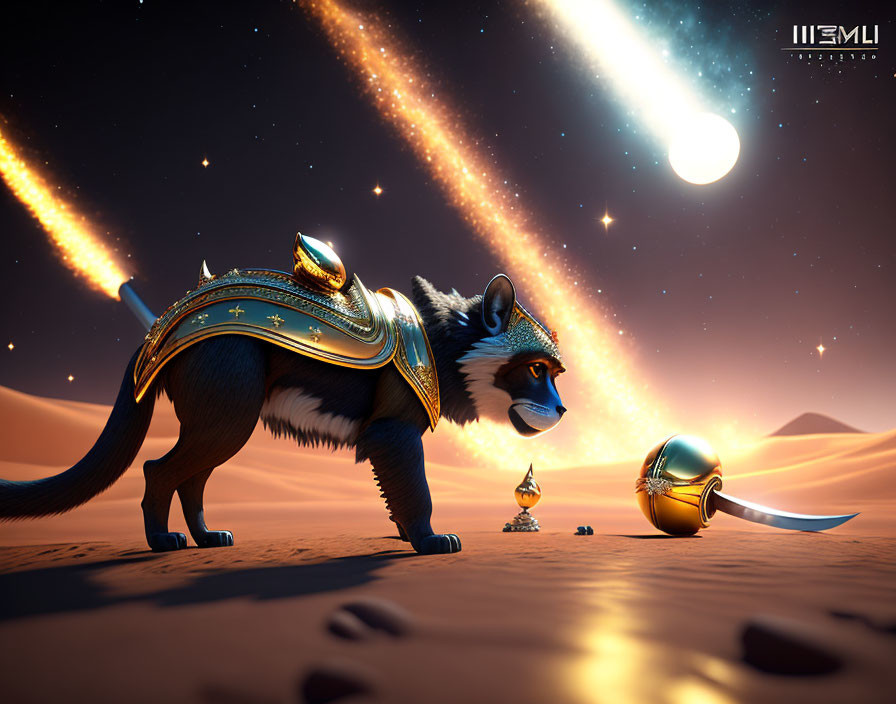 Armored raccoon in desert under starry sky with magical lamp