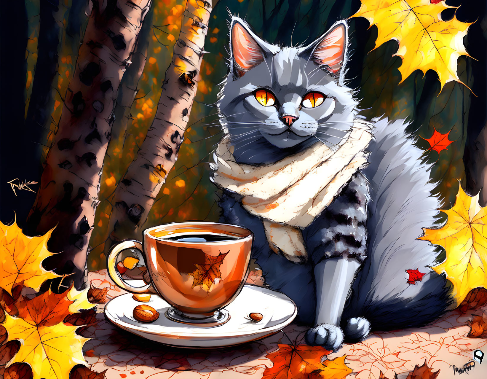 Grey Cat with Scarf Beside Tea Cup in Autumn Setting