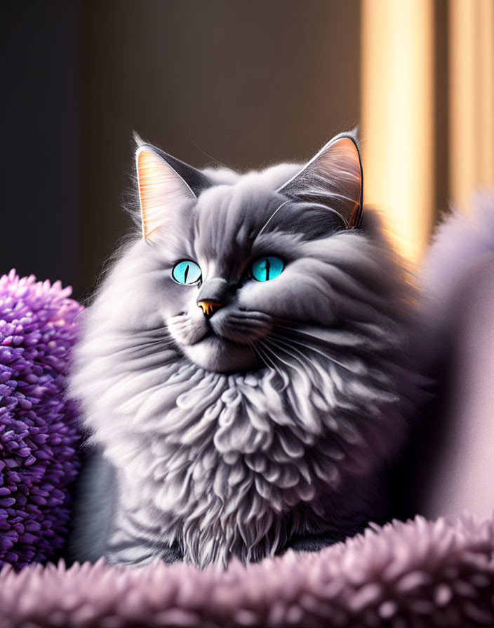 Gray Cat with Blue Eyes in Purple Flowers - Serene and Luxurious