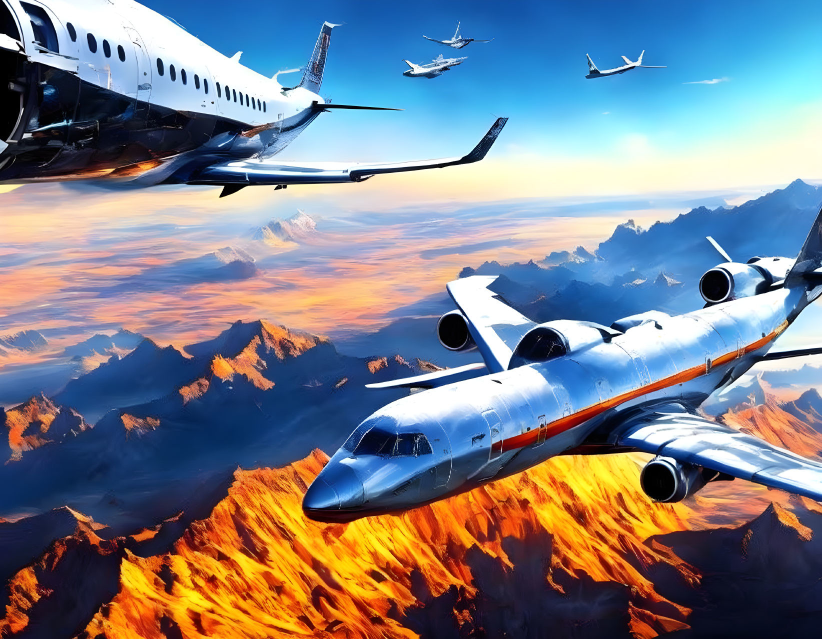 Airplanes flying over fiery-orange clouds and mountain peaks