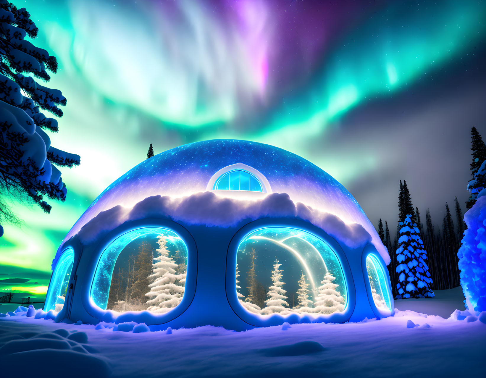 Dome-shaped structure under vibrant aurora borealis in snowy night landscape