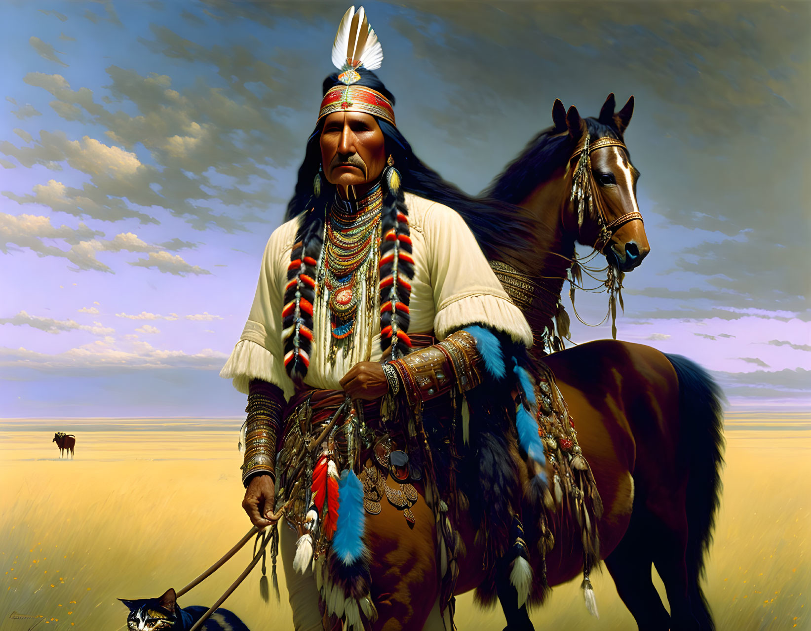 Native American man in traditional attire with horse on vast plain under blue sky.