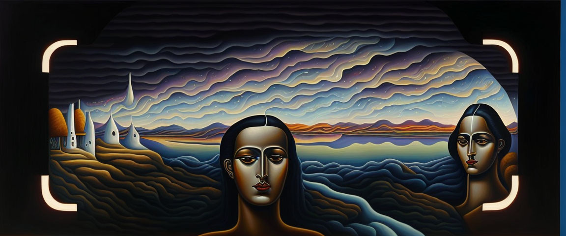 Surreal Painting: Identical Female Faces in Profile on Wave Landscape