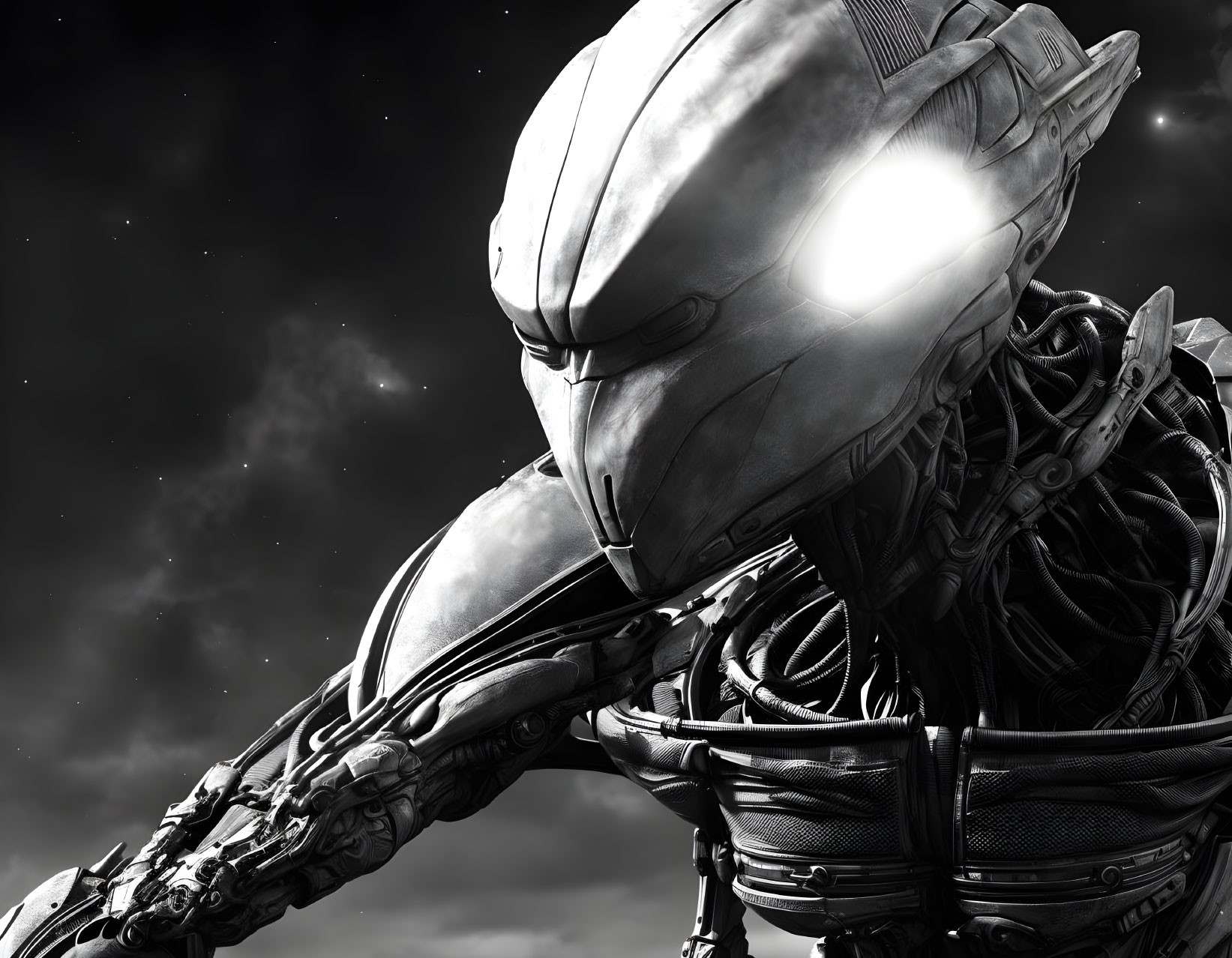 Monochrome close-up of robotic creature with glowing eye and intricate armor design