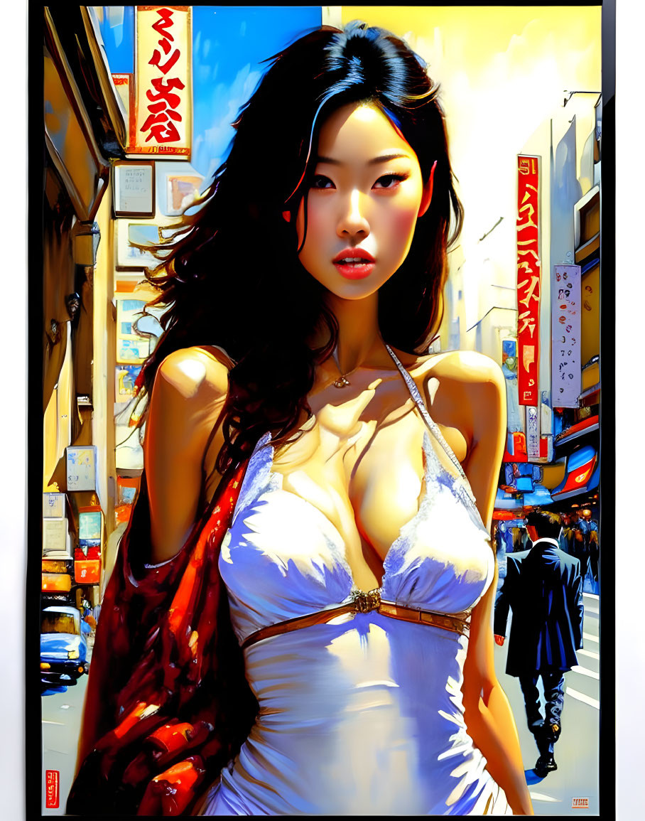 Digital artwork: Woman in white dress with red scarf on busy street