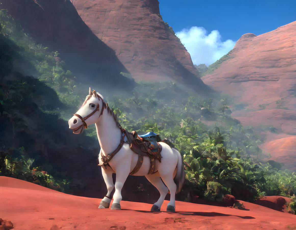 White horse with saddle in desert canyon surrounded by greenery and red rocks