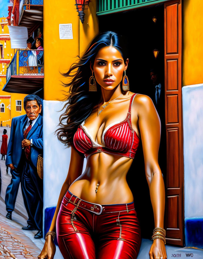 Stylized painting of woman in red crop top in doorway