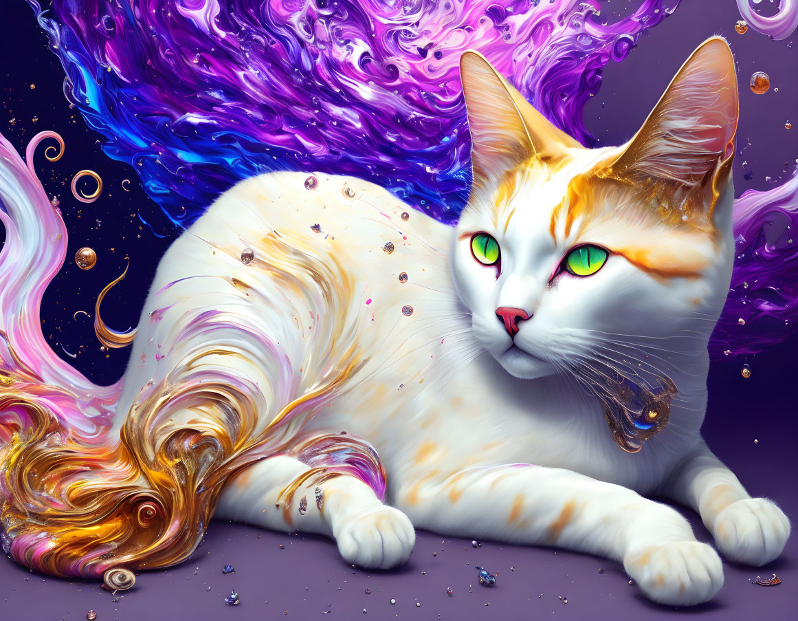 Colorful digital art of white and orange cat with green eyes on swirling purple and gold backdrop