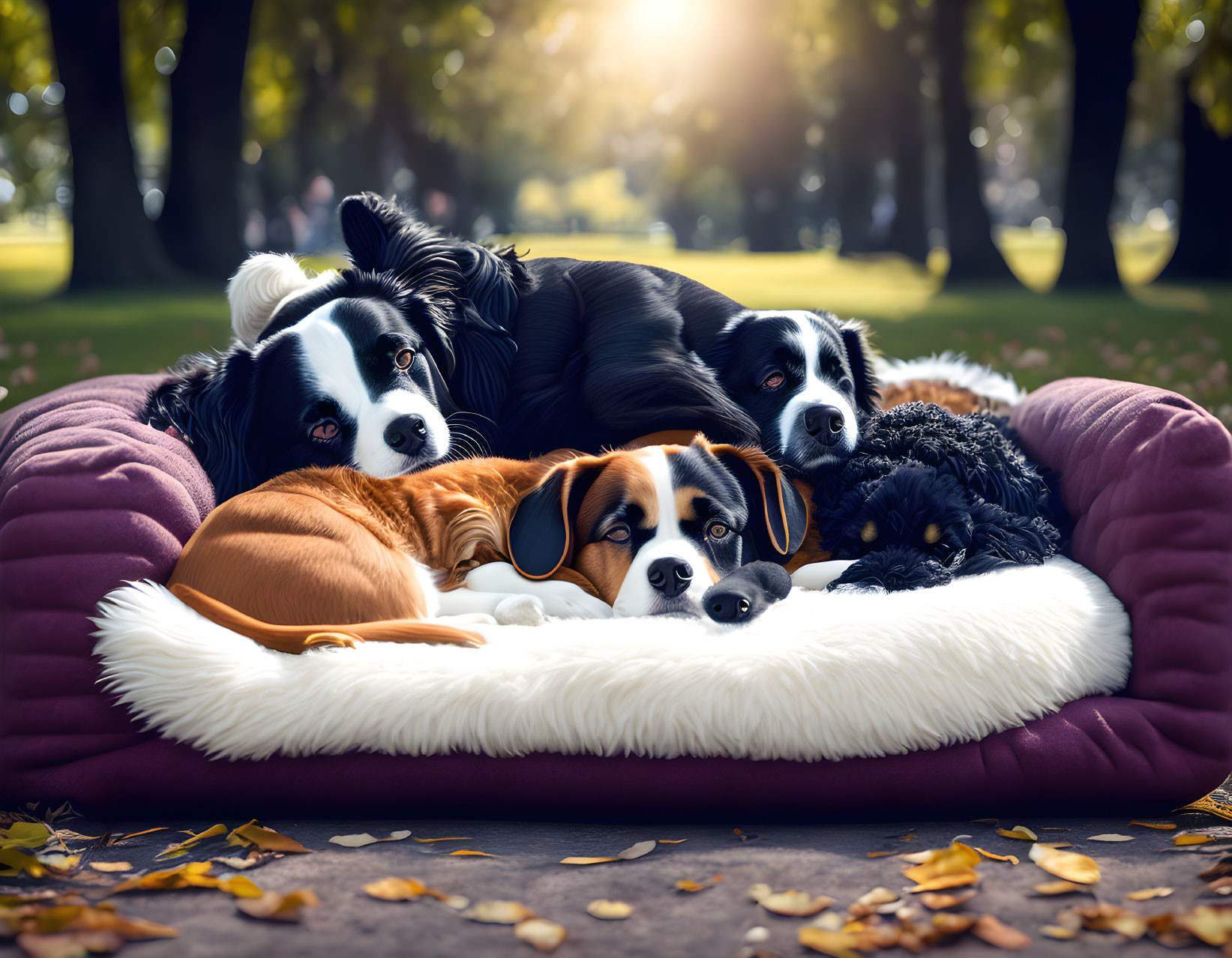 Four dogs cuddling on plush bed under tree with sunlight and autumn leaves.